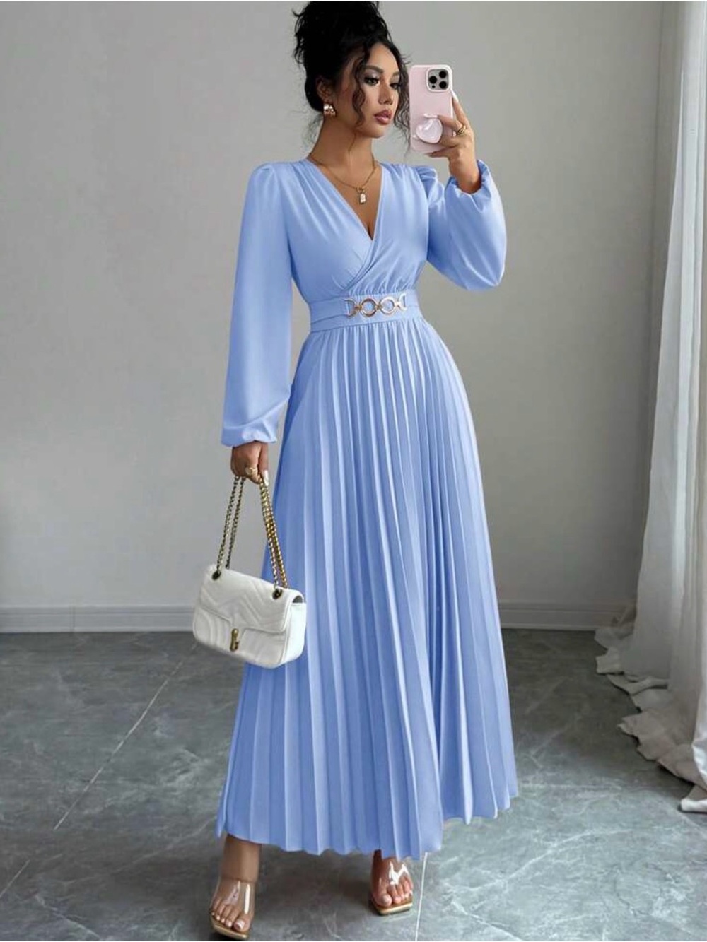 Chiffon Pleated Maxi Dress in Light Blue with Waist Accent